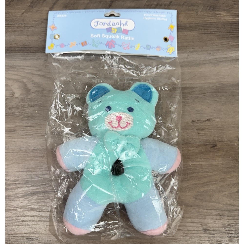 Vtg Terry Cloth Pastel Bear Plush Colorblock Jordache Squeak Rattle Baby Toy NEW